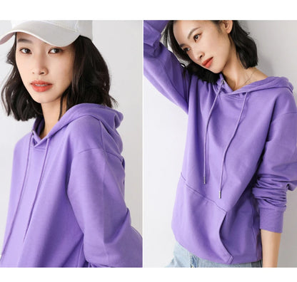 Women Hoodies 100% Cotton Spring Autumn Loose Long Sleeve Pullovers Solid Casual Ladies Outerwear Hooded Hoodie Womens Clothing
