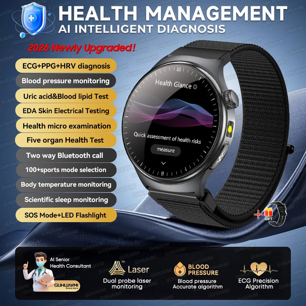 2026 New Micro Physical Examination Health SmartWatch Men ECG Uric Acid Lipids Blood Pressure BT Call Smartwatch For Android IOS