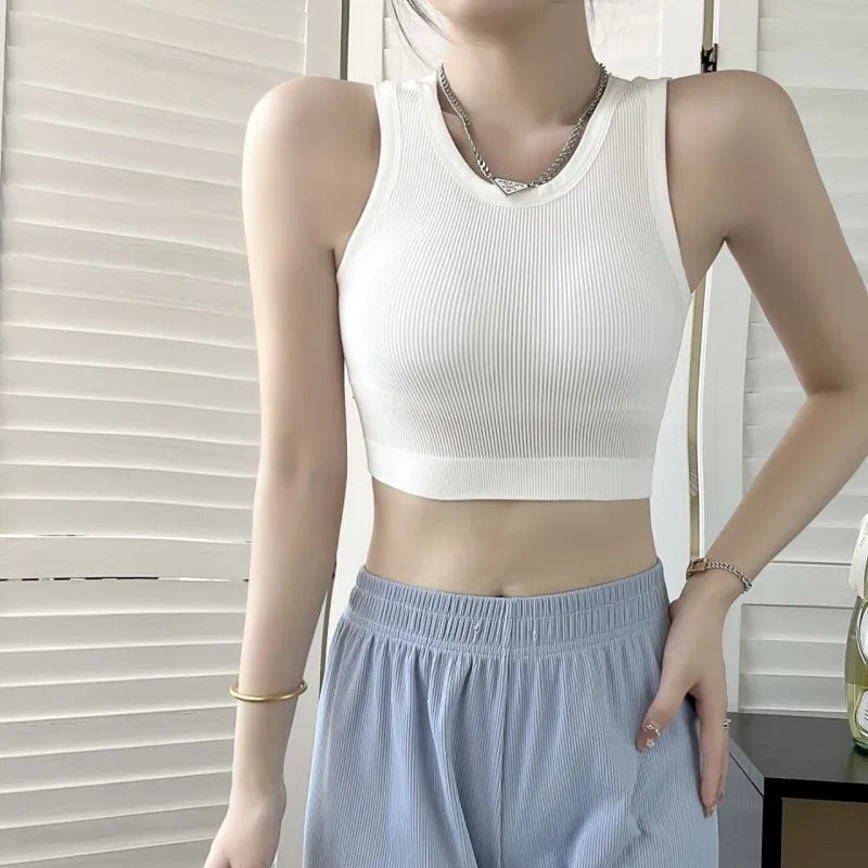 Women Tank Top Built In Bras Women Sports Bras Top With Chest Pads Shockproof Round Neck Crop Top Comfort Camisole