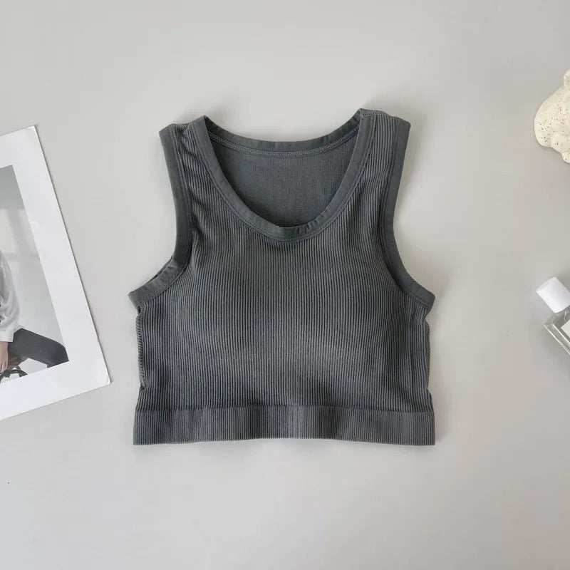 Women Tank Top Built In Bras Women Sports Bras Top With Chest Pads Shockproof Round Neck Crop Top Comfort Camisole
