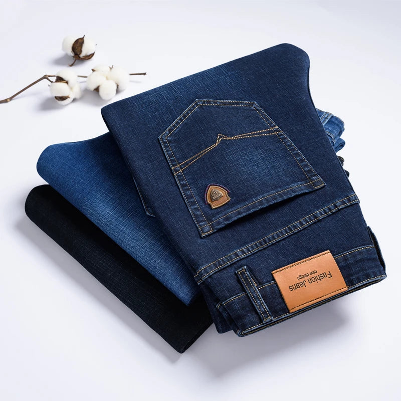 SHAN BAO 2022 autumn spring fitted straight stretch denim jeans classic style badge youth men&