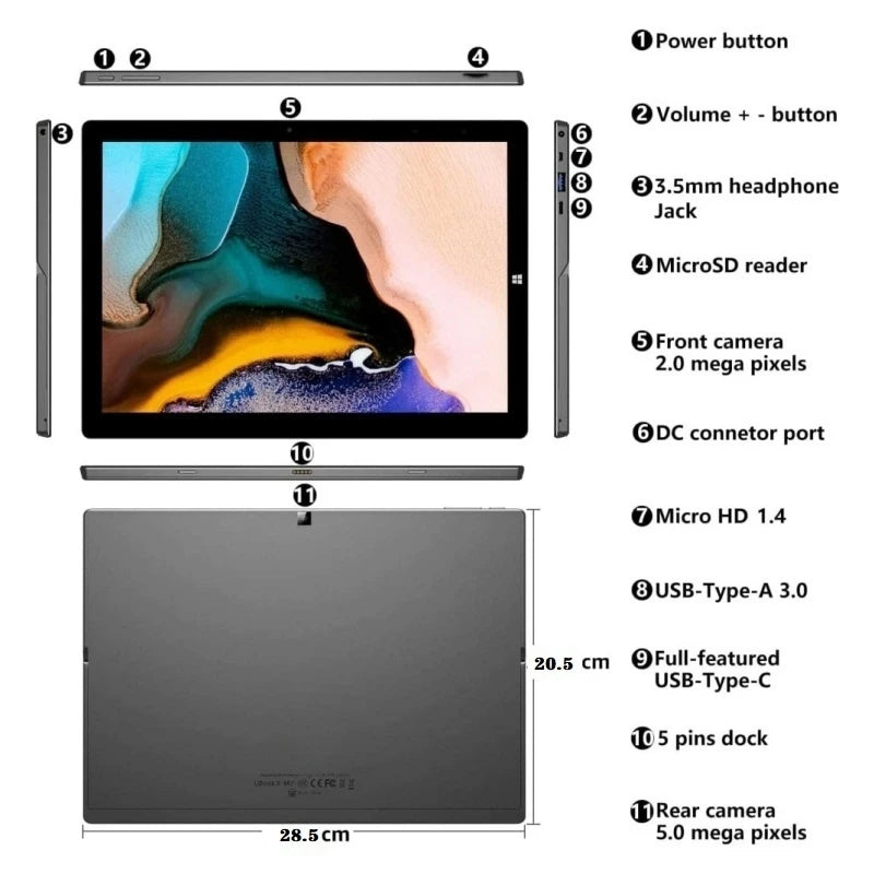 16GB RAM 512GB SSD ROM 11.6" Windows 11 Tablet PC 64bit Intel Celeron Processor N4100 1920 x 1080 Pixel 2 x USB 3.0 Type-C Port