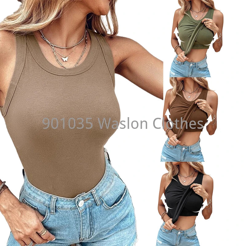Fashion Tank Top Women Clothing Summer New Round Neck Ribbed with Bra Pads Casual Solid Color Sleeveless Tops for Female