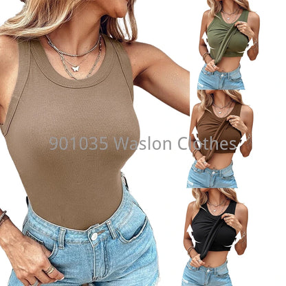 Fashion Tank Top Women Clothing Summer New Round Neck Ribbed with Bra Pads Casual Solid Color Sleeveless Tops for Female
