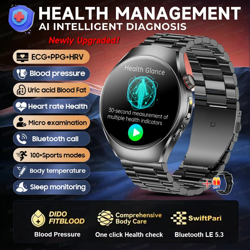 2026 New Accurate Body Health analysis Smart Watch Men ECG Blood lipids Uric acid Blood Pressure Body Fat Voice Call Smartwatch