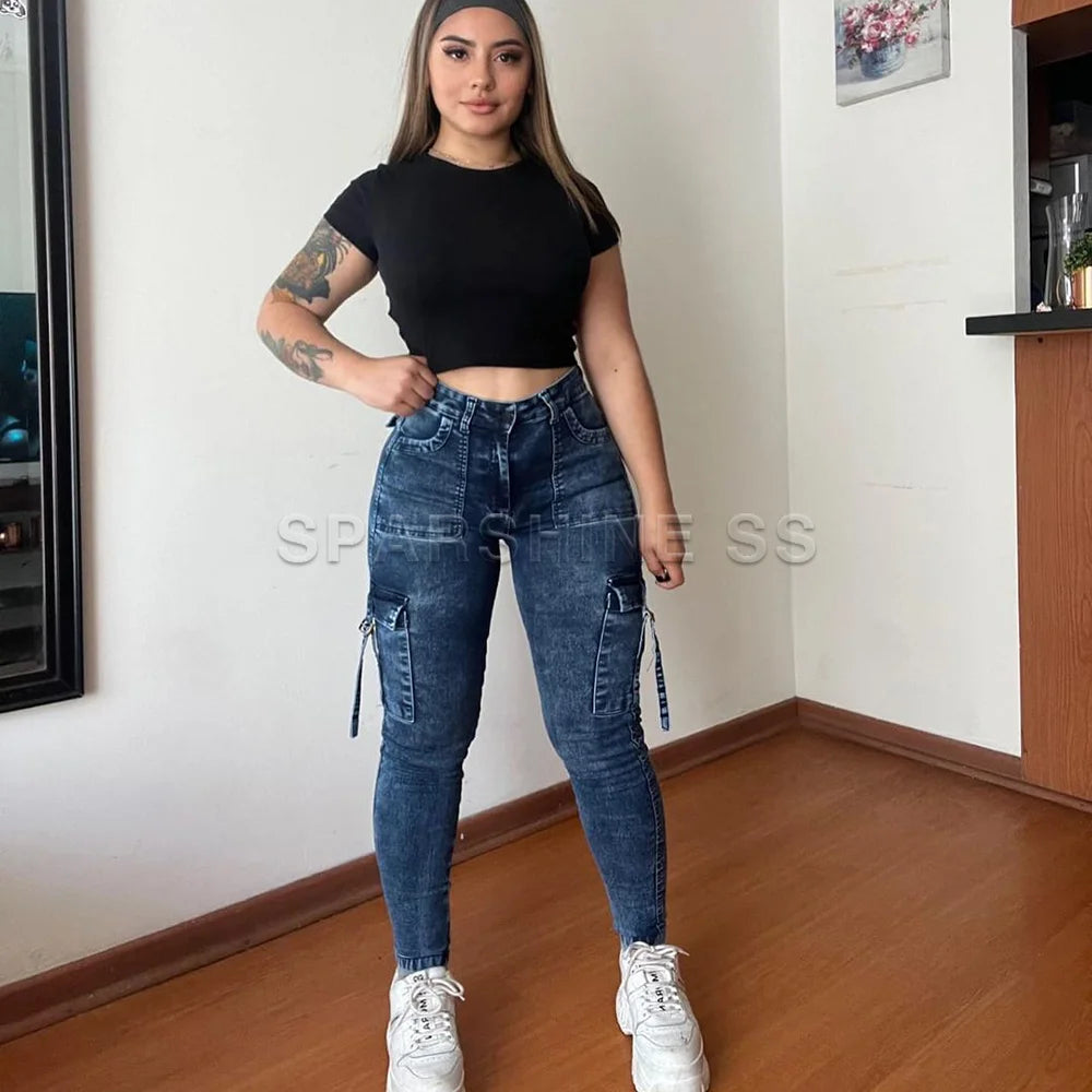 Vintage Streetwear Skinny Jeans Women Retro Y2K High Waist Jeans Casual Wash Cargo Pants Women Autumn Winter Legging Denim Pants