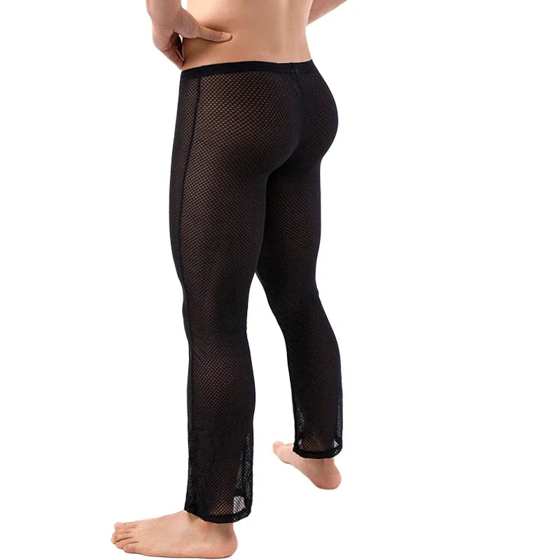 New Mens Bottoms Sexy Underwear Trousers Men’s Leggings Long Johns Perspective Large Mesh Out Sport Home Pajama Pants