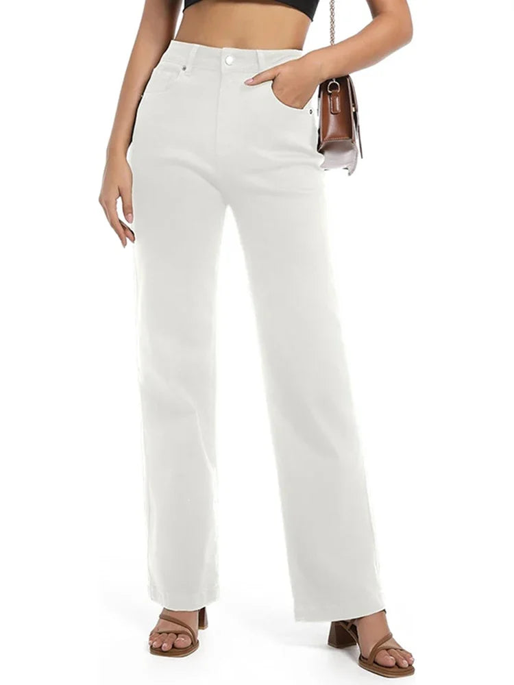 2025 Ins Fashion Jeans Women Comfortable High Waisted White Jeans Girls Thin Stretch Denim Pants Female Straight Leg Trousers