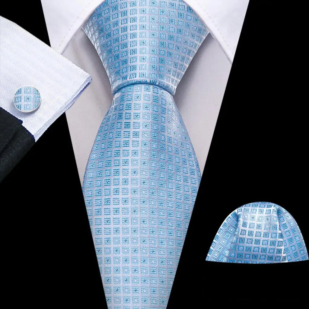 Barry.Wang Navy Royal Sky Blue Silk Men Tie Hanky Cufflinks Set Jacquard Teal Cyan Turquoise Necktie for Male Wedding Business
