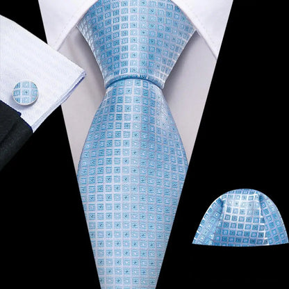 Barry.Wang Navy Royal Sky Blue Silk Men Tie Hanky Cufflinks Set Jacquard Teal Cyan Turquoise Necktie for Male Wedding Business