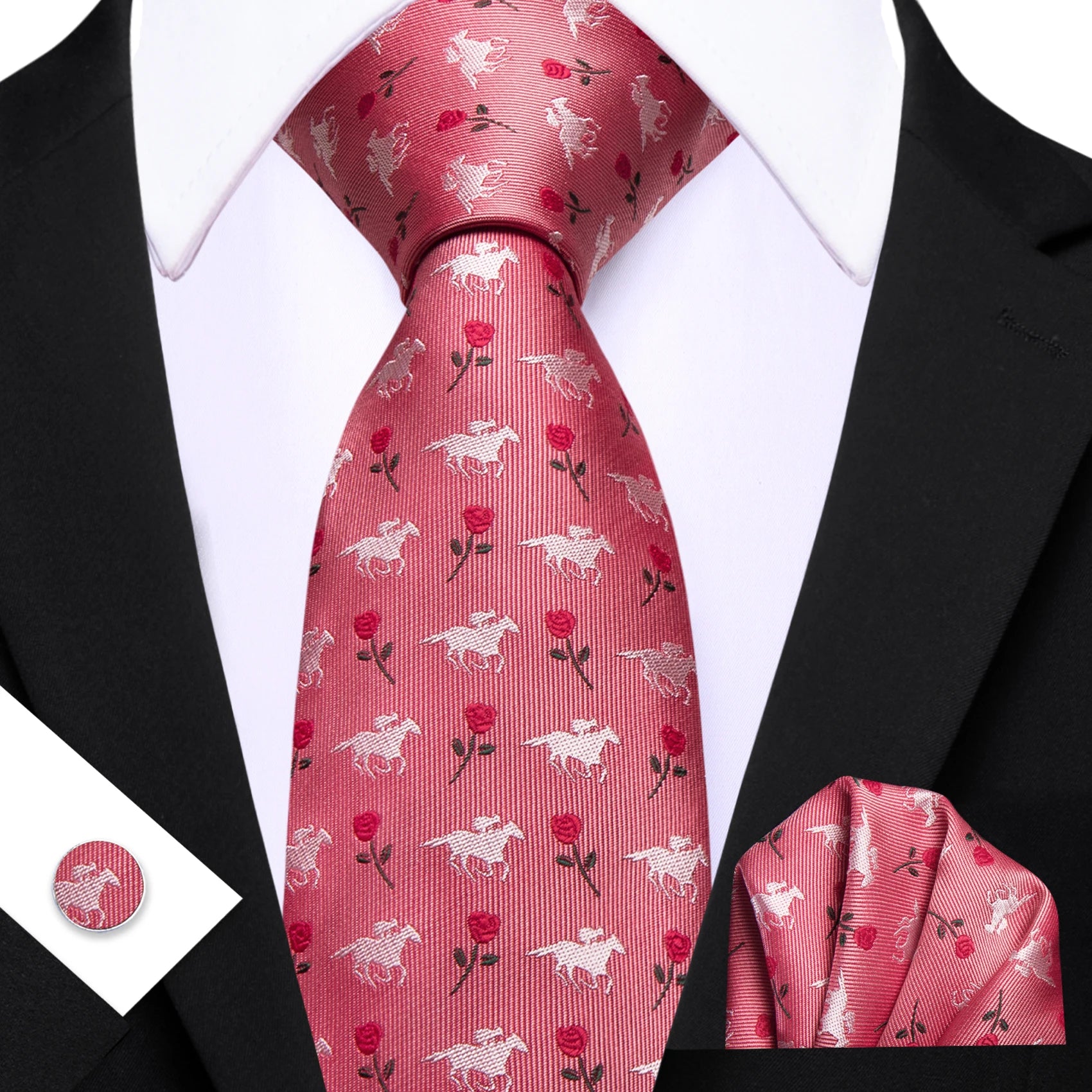 Barry.Wang Jacquard Watermelon &amp; Peach Pink Men Tie With Pocket Square Cufflinks Set Exquisiet Necktie For Male Wedding Business