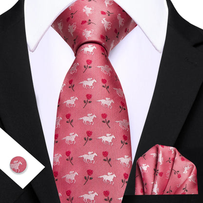 Barry.Wang Jacquard Watermelon &amp; Peach Pink Men Tie With Pocket Square Cufflinks Set Exquisiet Necktie For Male Wedding Business