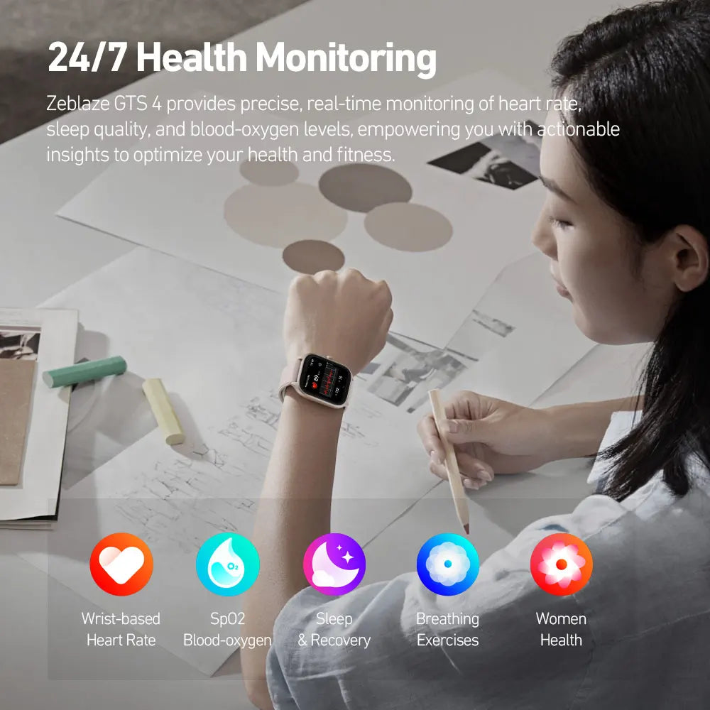 Zeblaze GTS 4 Voice Calling Smart Watch 1.94" HD AMOLED Display 100+ Sports Modes Heart Rate SpO2 Health Monitoring Smartwatch