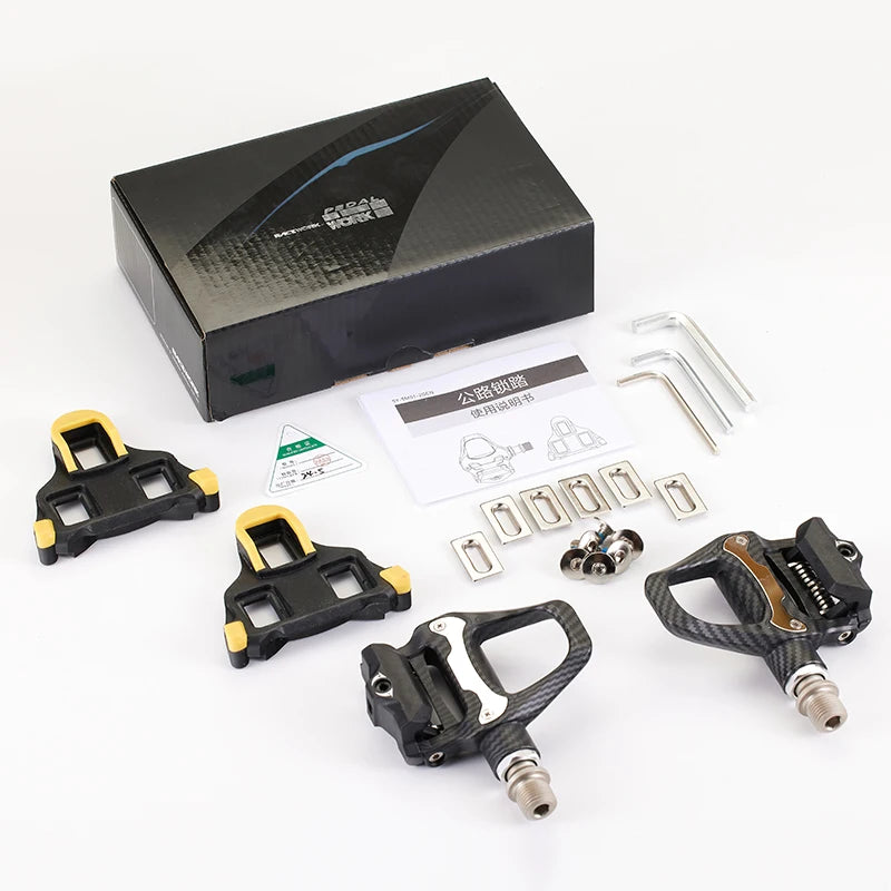 RACEWORK Bicycle Lock Pedal Road Bike Self-Locking Carbon Fiber Pattern Pedals With Sealed Bearings Lock Piece For SPD System