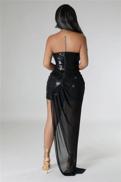 HBLL Womens Chiffon Patchwork Sequins Long Maxi Dress Glam Sleeveless Ruched Carpet Party Dress Celebrities Outfits Clubwear