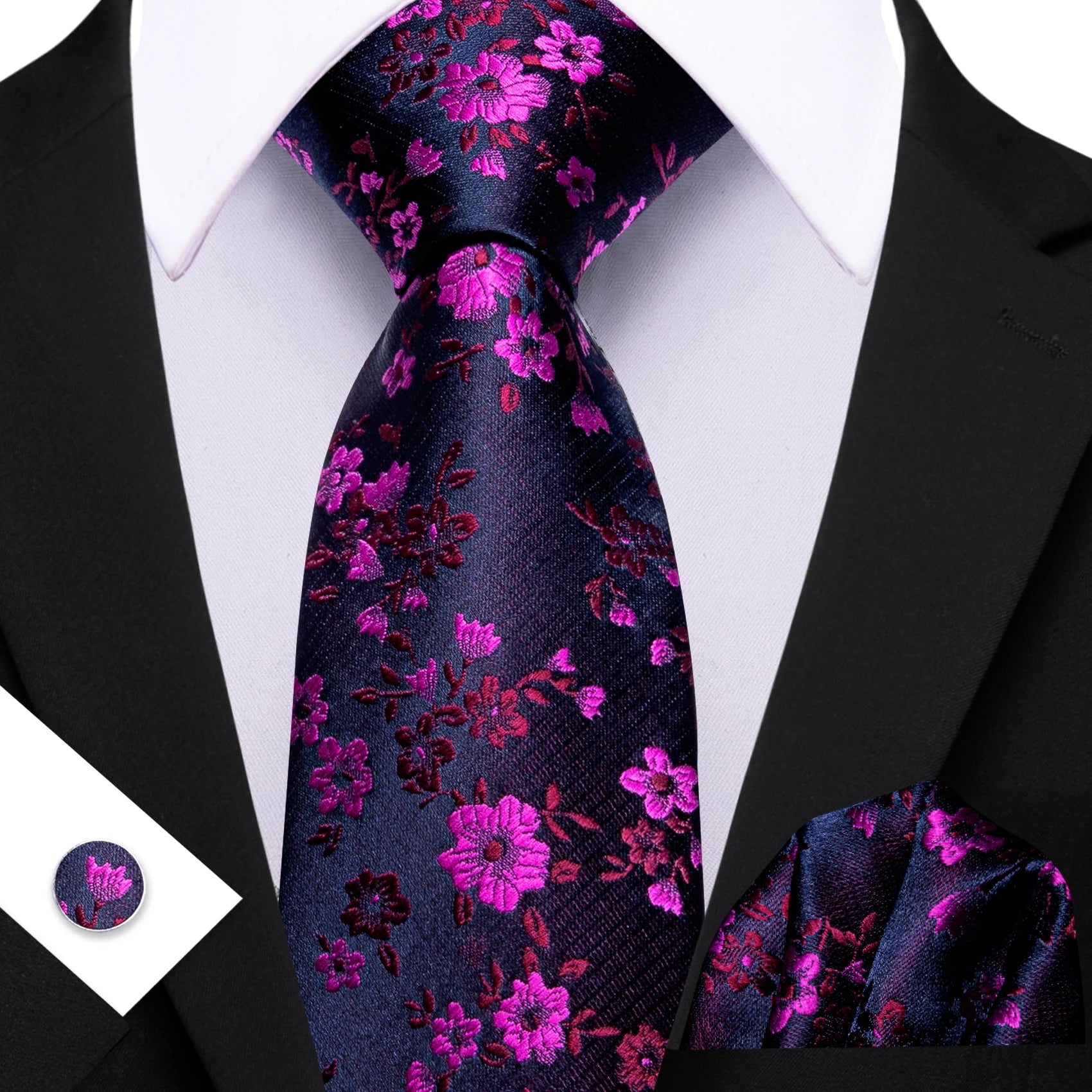 Barry.Wang Jacquard Watermelon &amp; Peach Pink Men Tie With Pocket Square Cufflinks Set Exquisiet Necktie For Male Wedding Business
