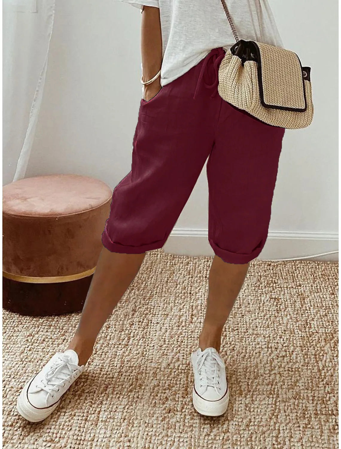 Shorts Women summer cotton linen elastic waist pocket elastic casual pants five quarter women&