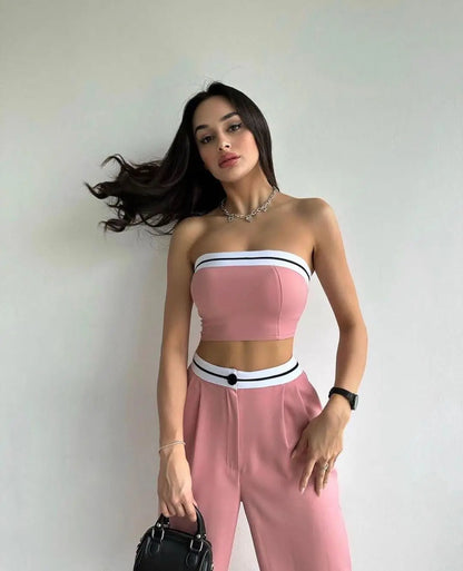 Hot Girls Wear Sports Vests Tube Tops Contrasting Colors High-waisted Wide-leg Trousers and Casual Two-piece Suits