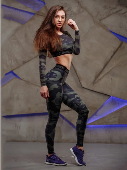 Krisnanas Camouflage 2 Piece Sets Women 2026 Sporty O Neck Short Tops Letter Printed Butt Lifting Leggings New Yoga Suits 6232