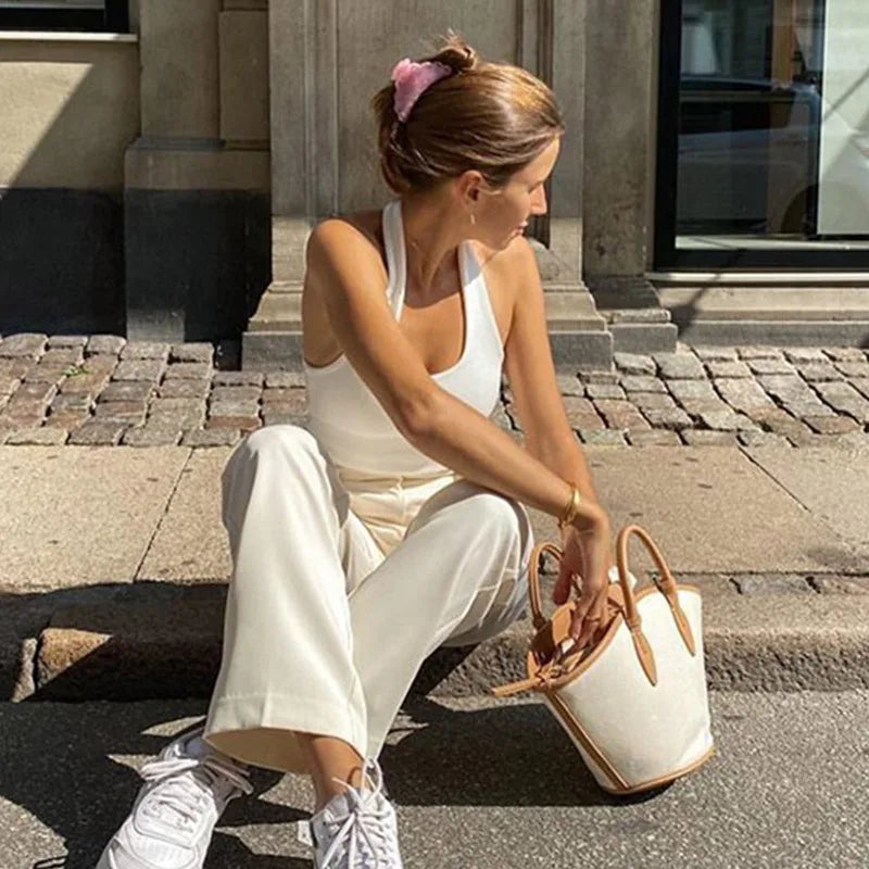 White Halter Sexy Backless Tank Tops for Women Streetwear 2024 Sleeveless Ribbed Knit Vest Top Cropped Feminino