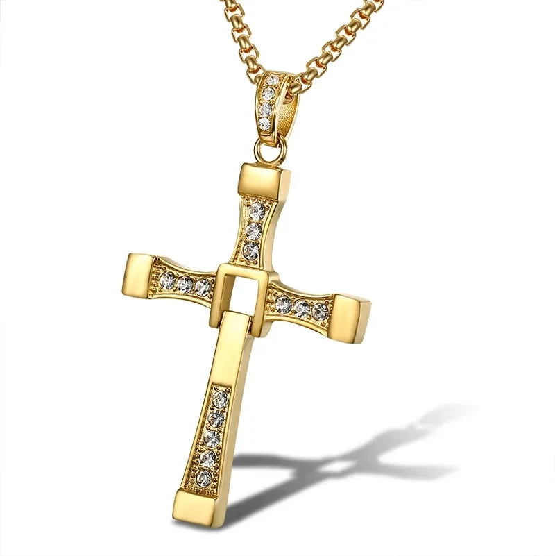 316L stainless steel Fast Furious Movies Actor Dominic Toretto Rhinestone Cross gold color Pendant Chain Necklace Men Jewelry