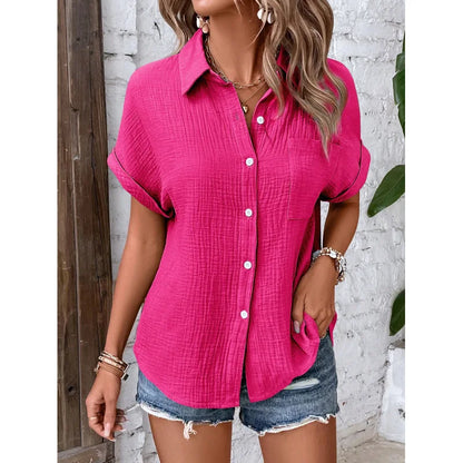 Women Casual Cotton Blouse Vintage Summer Short Sleeve Slim Shirt Elegant Turn Down Collar Solid Tunics Harajuku Streetwear Tops