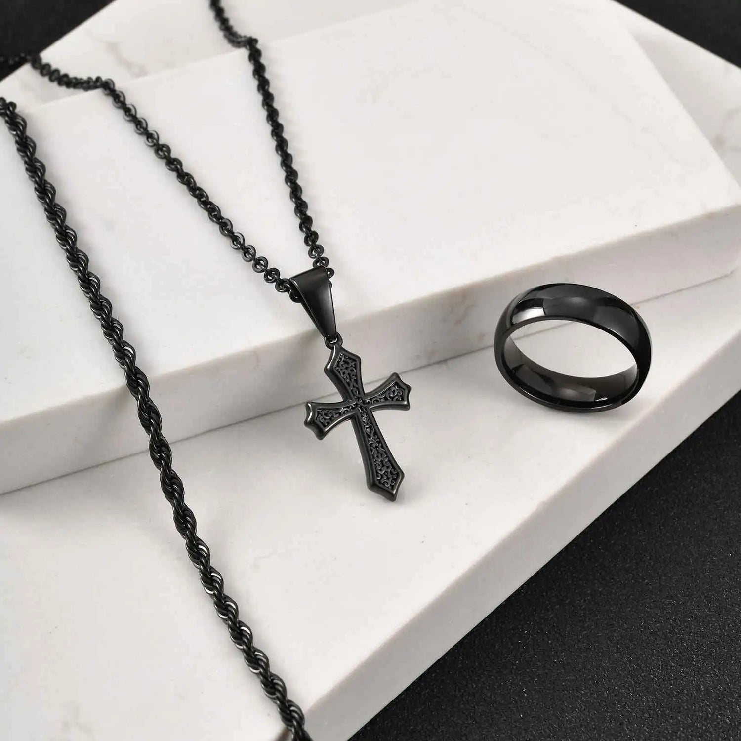 3pcs Dainty Cross Necklace Set for Men Boys,Waterproof Stainless Steel Chain Bracelet,Fashion Cool Male Jewelry Set Gift