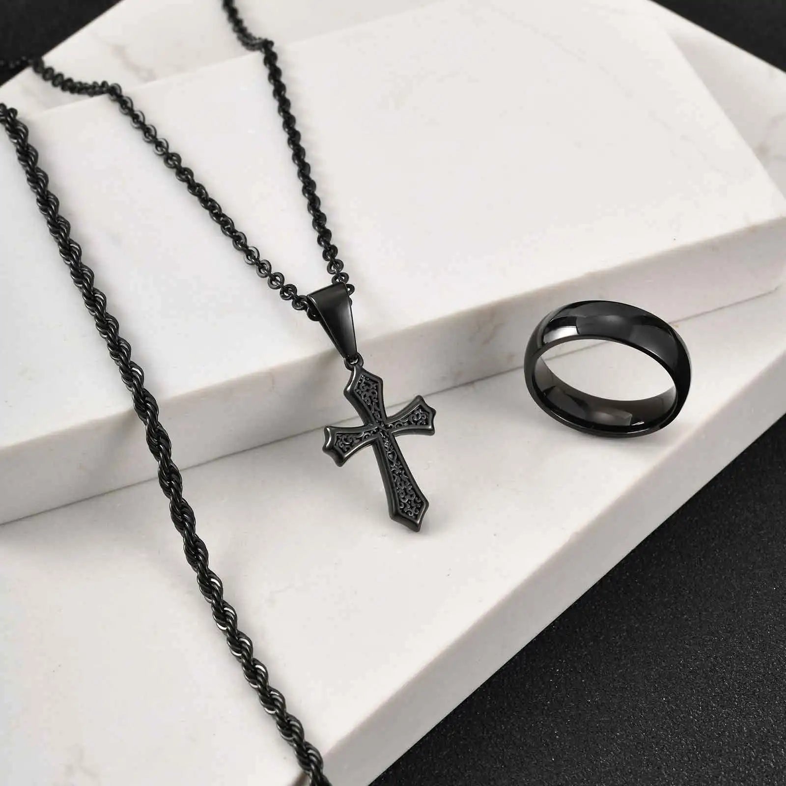 3pcs Dainty Cross Necklace Set for Men Boys,Waterproof Stainless Steel Chain Bracelet,Fashion Cool Male Jewelry Set Gift