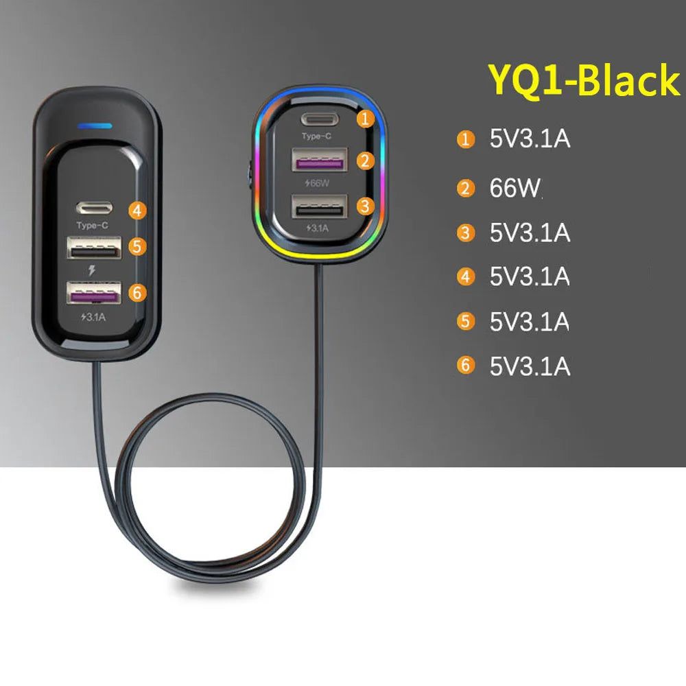 Car Charger 66W Super Fast Charging PD QC3.0 USB C Car Phone Charger Type C Ear Seat Multi-port Wired Phone Charger for Cars