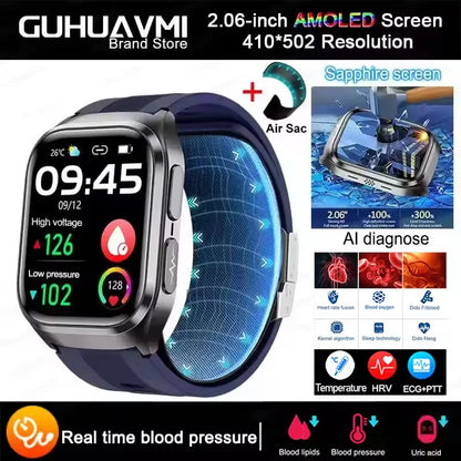 2026 New Blood Pressure Air Pump Airbag Accurate Measure Smart Watch Men Non invasive Blood Lipids Health ECG Smart Watches NFC