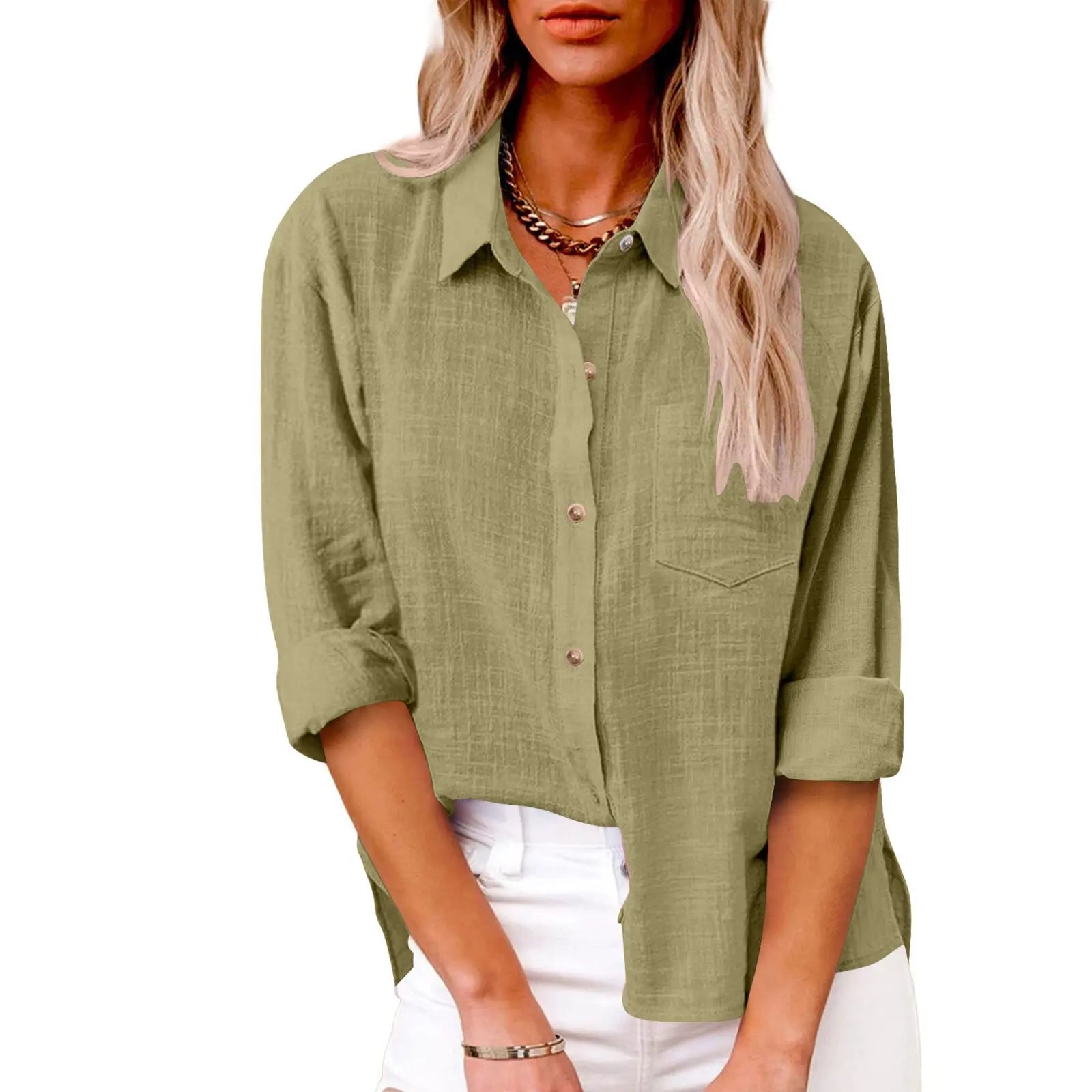 Women Casual Loose Solid Shirt Spring Summer Fashion Elegant Long Sleeve Button Office Holiday Top Shirts Blouses Women Casual