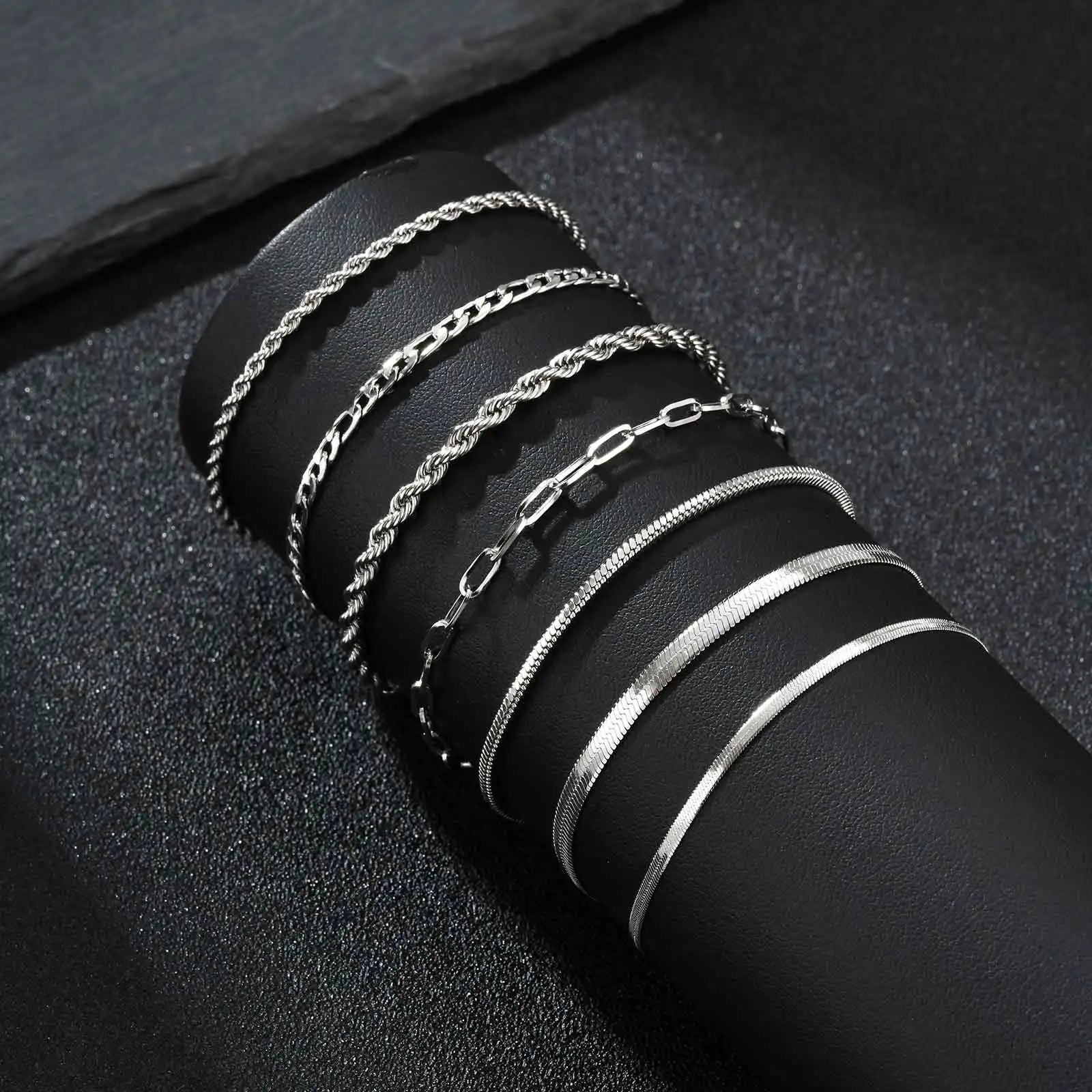 7pcs/set Simple Chain Bracelet for Men Women,Stainless Steel Silver Color Metal Chain Wristband,Basic Layered Jewelry Gift