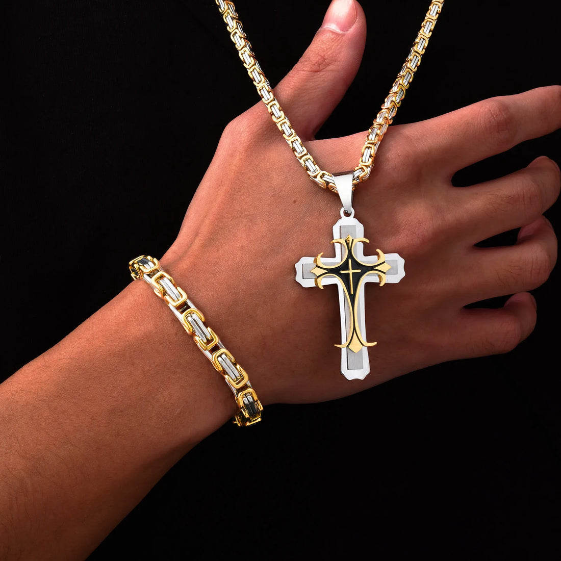Mens Cross Pendant Necklace Sets,Two Tone Stainless Steel Byzantine Bracelets,Punk Jewelry Sets Gift to Husband Father Dad BBF
