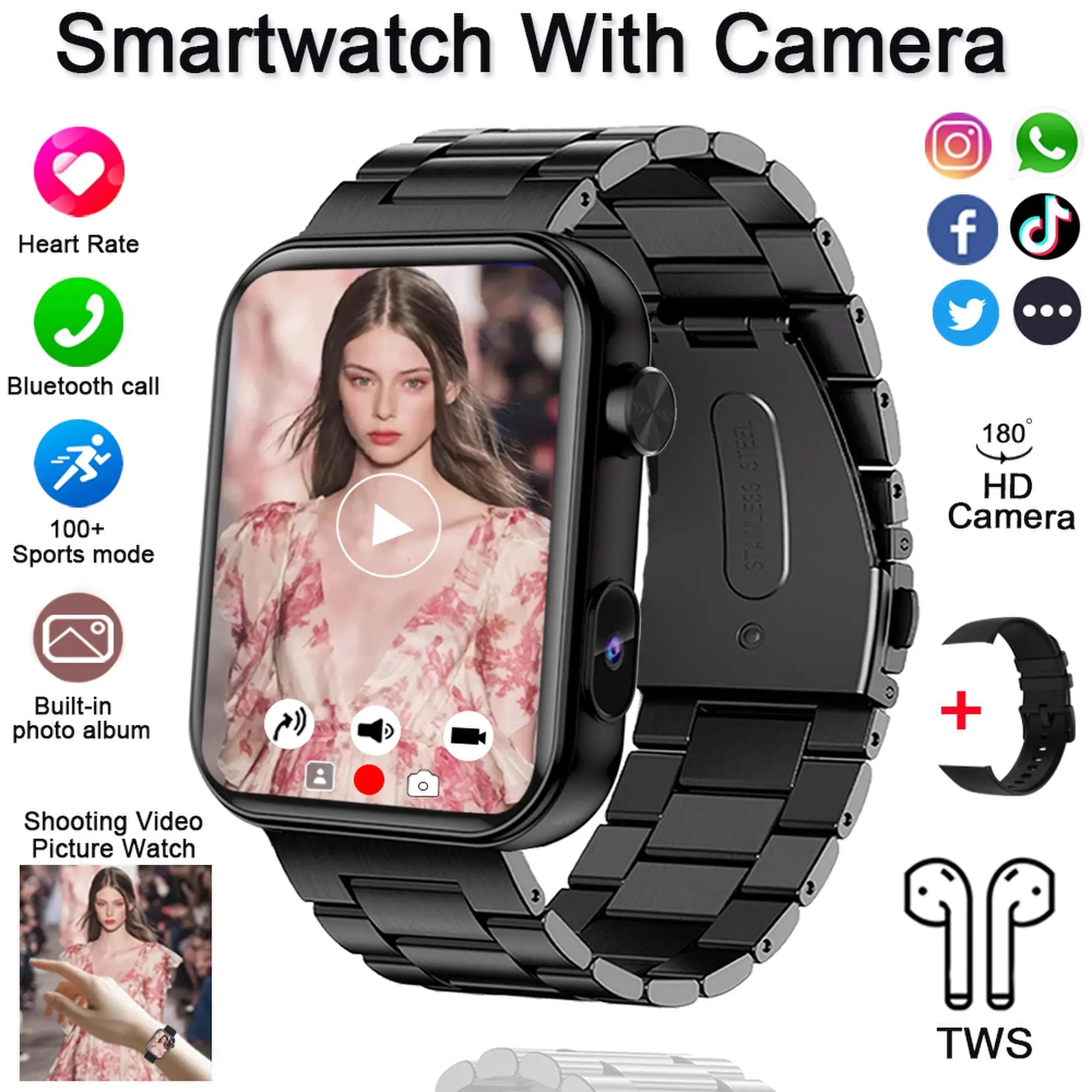 4K HD Smart Watch with Camera Men Recording Camera TWS Headset Local Music Bluetooth Calling Music Fashion Women Smartwatch 2025
