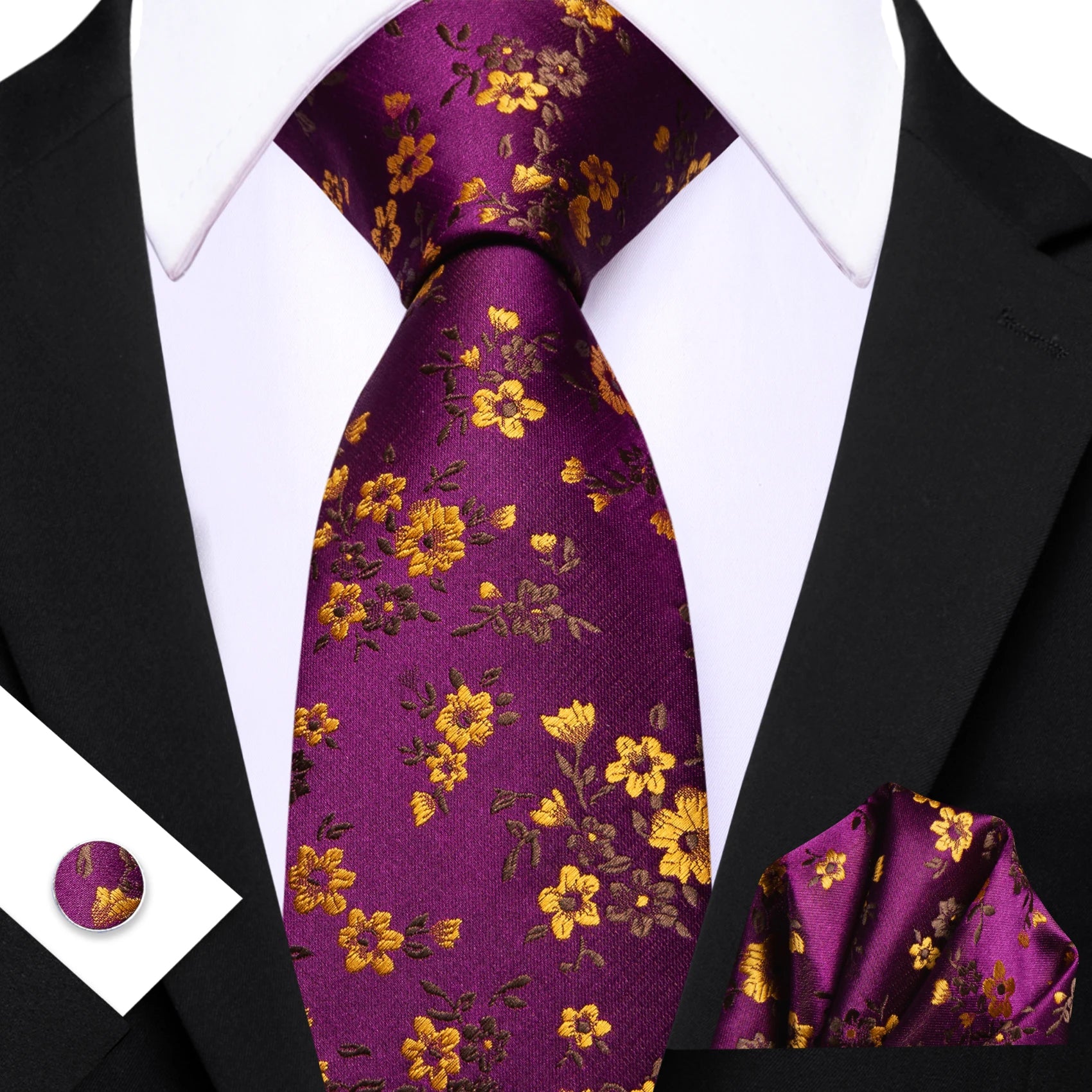 Barry.Wang Jacquard Watermelon &amp; Peach Pink Men Tie With Pocket Square Cufflinks Set Exquisiet Necktie For Male Wedding Business