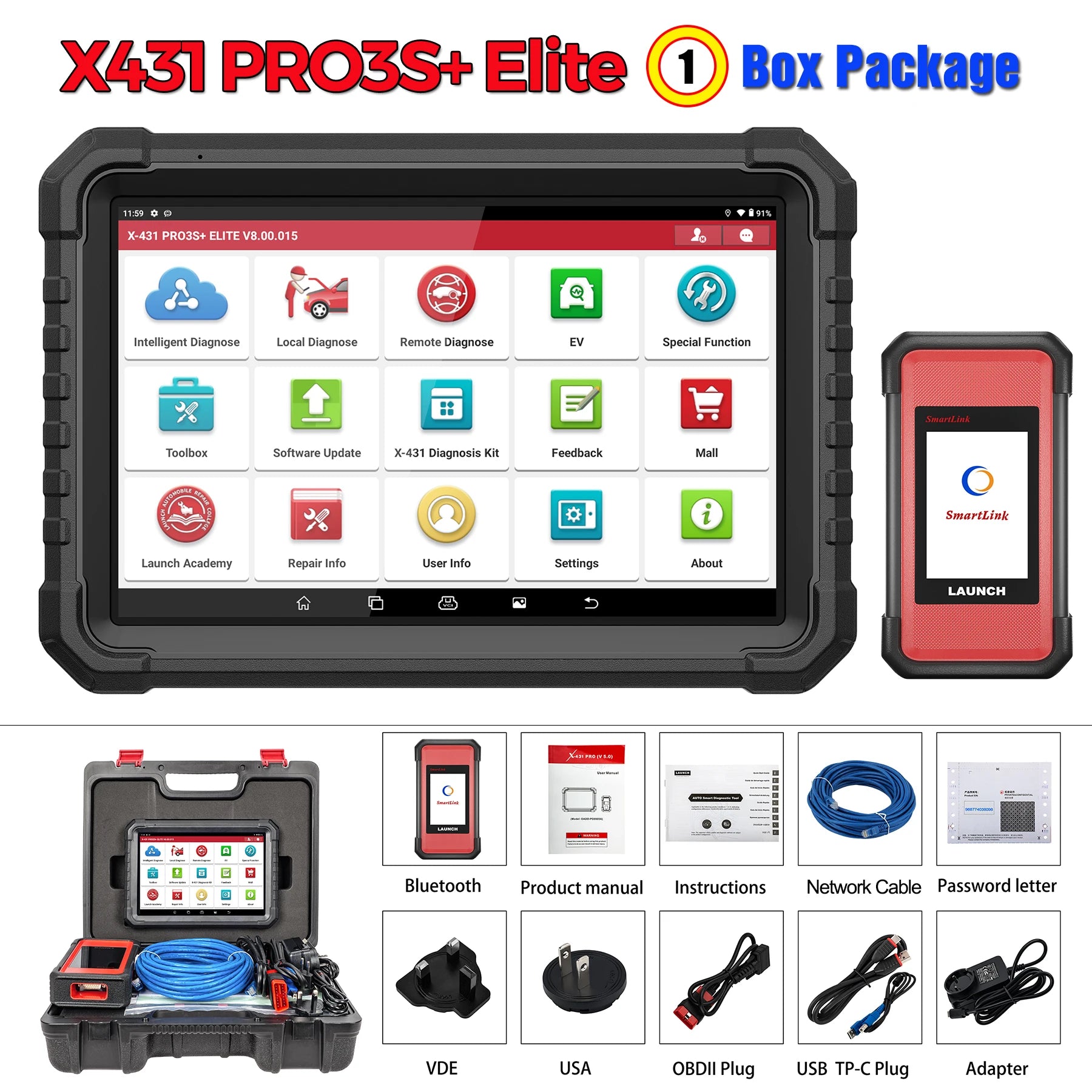 LAUNCH X431 PRO3S+ ELITE Bidirectional Scan Tool J2534 Program All System Diagnostic Scanner Topology All Service Online Coding