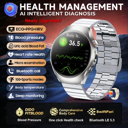 2026 New Accurate Body Health analysis Smart Watch Men ECG Blood lipids Uric acid Blood Pressure Body Fat Voice Call Smartwatch