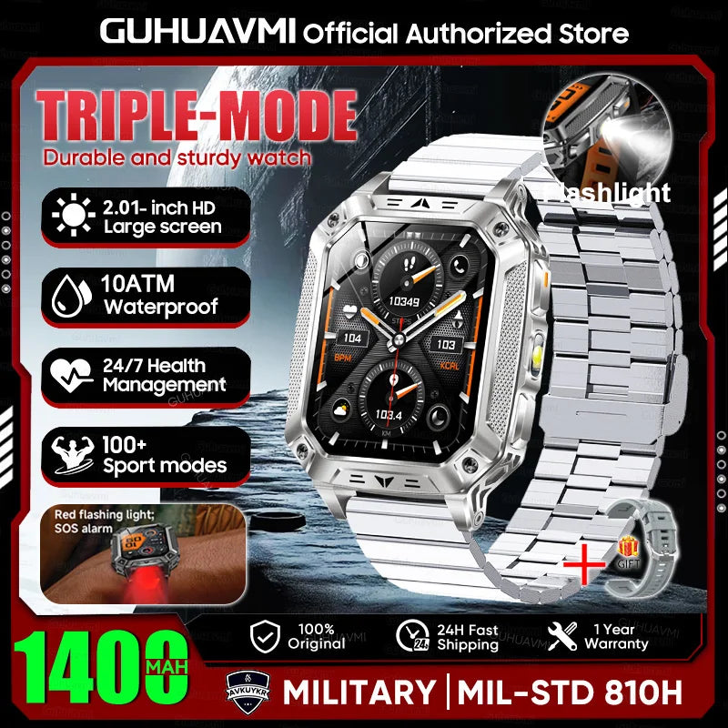 New Rugged Military Smart Watch Men 1400 mAh battery 2.01inch AMOLED Bluetooth Call 10ATM Waterproof LED flashlight Smart watch