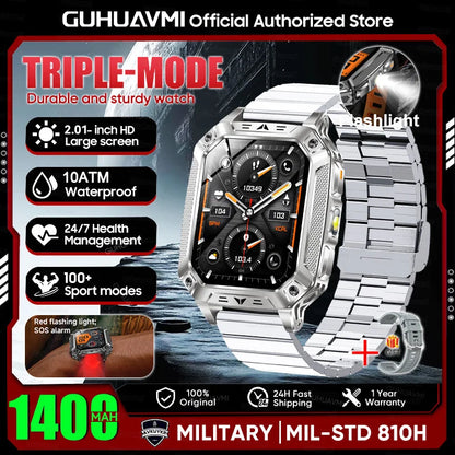 New Rugged Military Smart Watch Men 1400 mAh battery 2.01inch AMOLED Bluetooth Call 10ATM Waterproof LED flashlight Smart watch