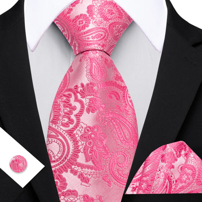 Barry.Wang Jacquard Watermelon &amp; Peach Pink Men Tie With Pocket Square Cufflinks Set Exquisiet Necktie For Male Wedding Business