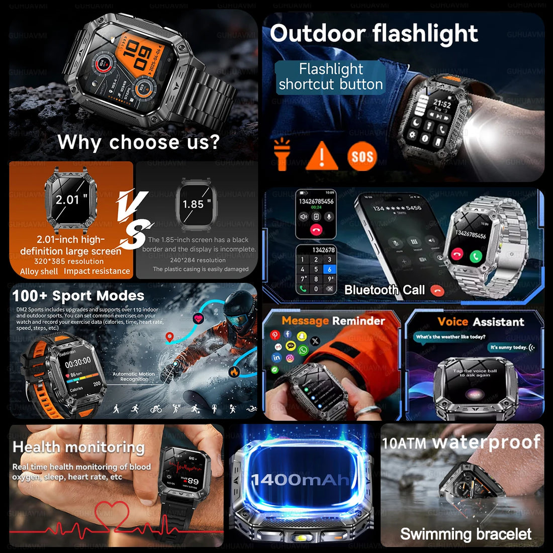 New Rugged Military Smart Watch Men 1400 mAh battery 2.01inch AMOLED Bluetooth Call 10ATM Waterproof LED flashlight Smart watch