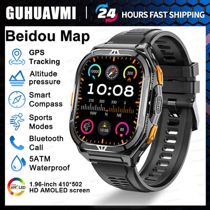 New GUHUAVMI TANK X5 SmartWatch MIL-STD-810H Rugged IP69K 5ATM L1+L5 GPS 1.96" AMOLED Compass OutdoorSport Watch for Android iOS
