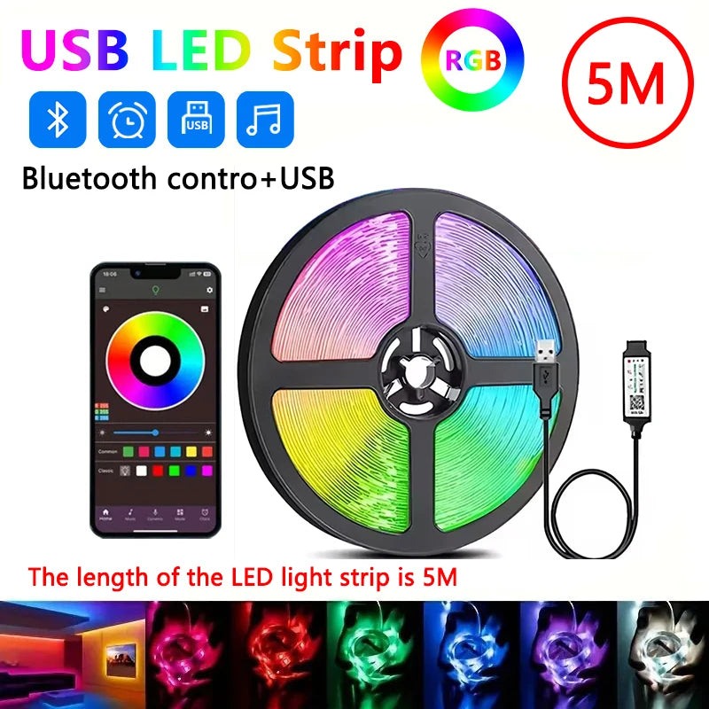 Bluetooth USB 5V RGB LED Strip Light 5050 Controller 5M Flexible Diode Lamp Tape Lights TV Background Lighting Desk Room Decor