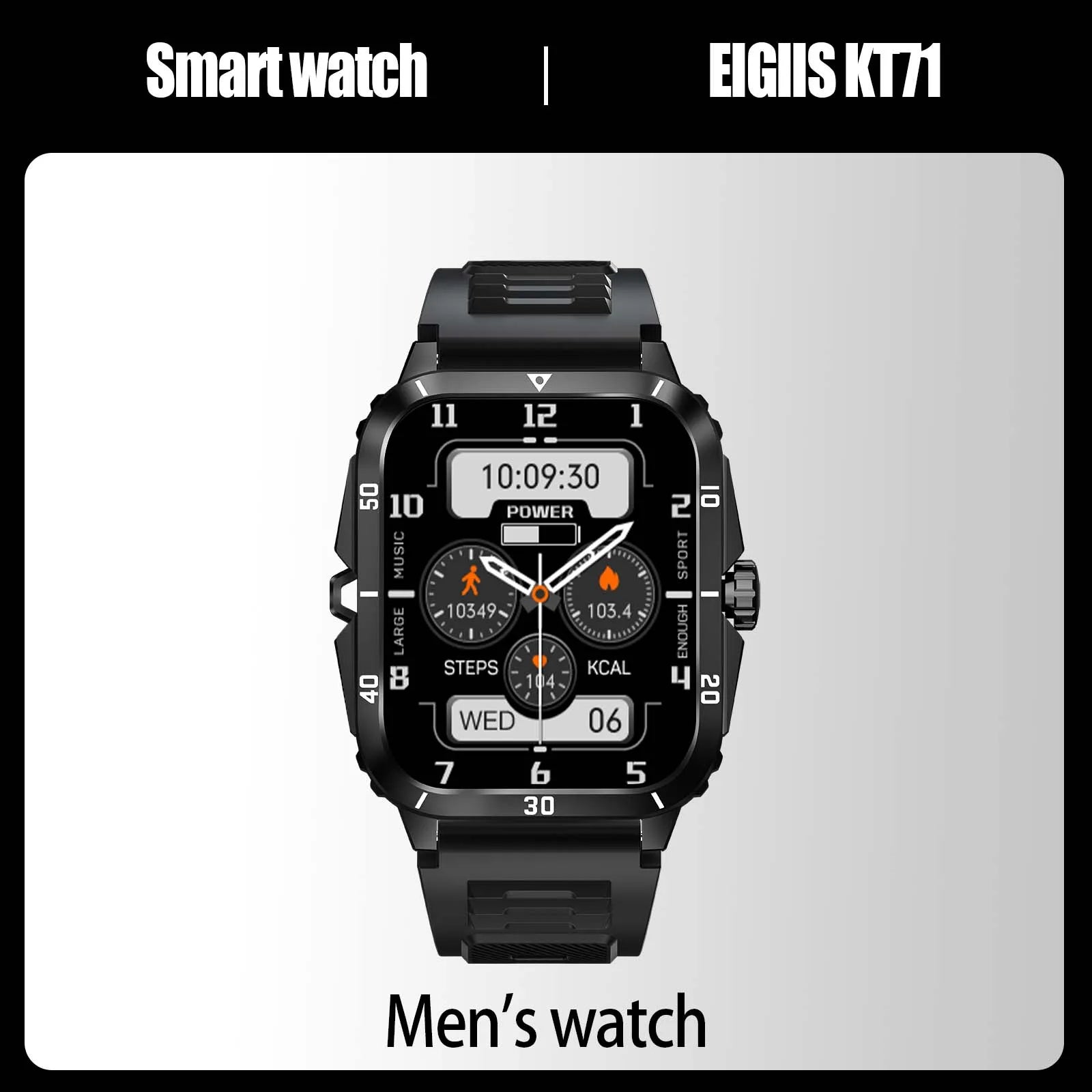 EIGIIS Smart Watch 3ATM Waterproof 1.96" IPS Screen Military KT71 Men 100+ Sport Mode Heart Rate Blood Pressure Bluetooth Call