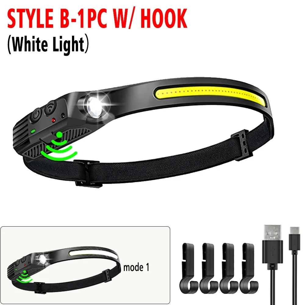 Multi-functional COB Headlamp Induction 6000K LED Bar Head Torch Work Light 5 Modes Rechargeable for Climbing Running Cycling