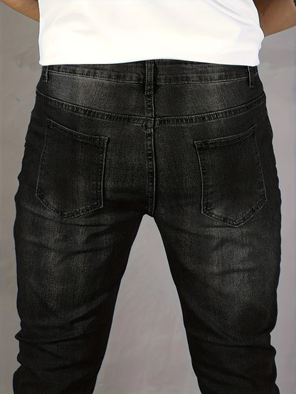 Mens Stylish Slim Fit Jeans - Chic Distressed Denim with Medium Stretch for Casual Street Style